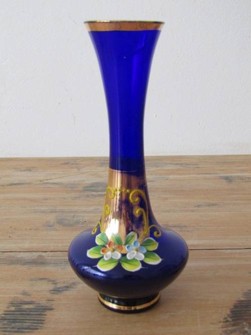 Vintage Venetian Gilt and Enamel dark Blue glass Vase, 17.5cm tall