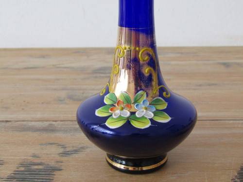 Vintage Venetian Gilt and Enamel dark Blue glass Vase, 17.5cm tall