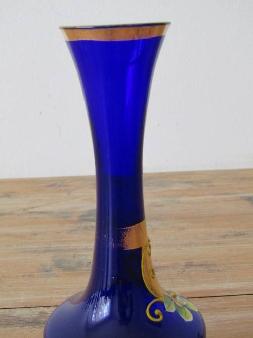 Vintage Venetian Gilt and Enamel dark Blue glass Vase, 17.5cm tall