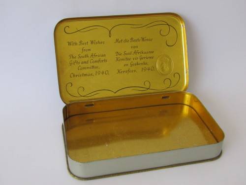 Vintage 1940 WW2 Christmas chocolate Tin, 18cm x 11cm x 3cm, Greetings from South Africa