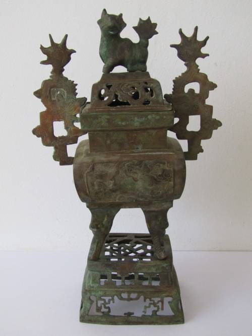 Antique original solid Bronze Oriental Incence burner with Foo Dog detail, large 41cmcm
