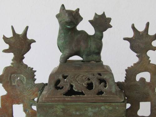 Antique original solid Bronze Oriental Incence burner with Foo Dog detail, large 41cmcm