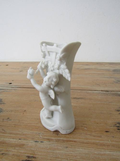Lot of 3 Bisque ware items, Posy Vase, Incense holder and Cherub Vase, 10cm to 12.5cm