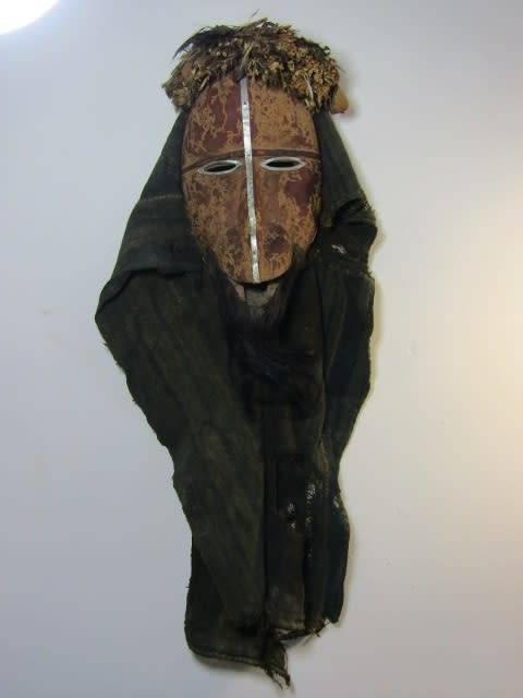 Very rare and scary Antique wooden African Mask with real Hair and antique cloth, 30cm x 16cm