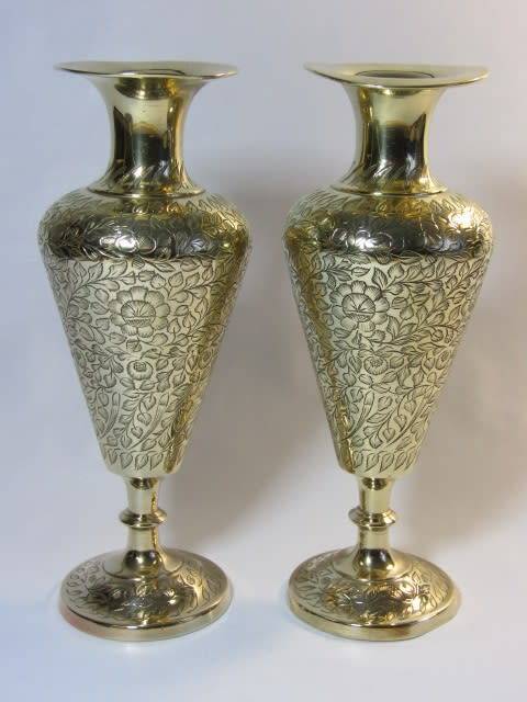 Vintage pair of large solid brass Vases, 22.5cm tall