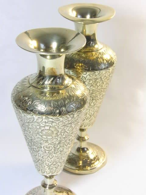 Vintage pair of large solid brass Vases, 22.5cm tall