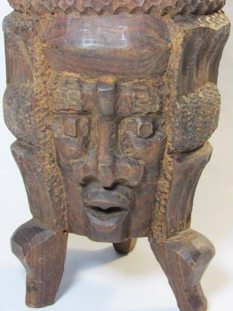 Vintage carved wooden Drum with real animal skin, excellent and aged condition, 22cm high