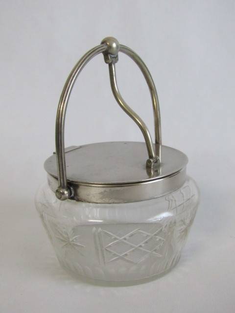 Antique Cut Glass Biscuit Barrel with silverplated Fittings. Easy open Tilt Lid (EPNS), 11cm diam.