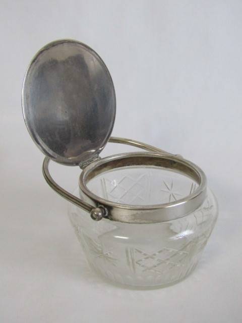 Antique Cut Glass Biscuit Barrel with silverplated Fittings. Easy open Tilt Lid (EPNS), 11cm diam.