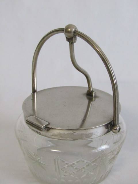 Antique Cut Glass Biscuit Barrel with silverplated Fittings. Easy open Tilt Lid (EPNS), 11cm diam.