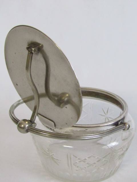 Antique Cut Glass Biscuit Barrel with silverplated Fittings. Easy open Tilt Lid (EPNS), 11cm diam.