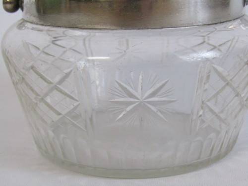 Antique Cut Glass Biscuit Barrel with silverplated Fittings. Easy open Tilt Lid (EPNS), 11cm diam.