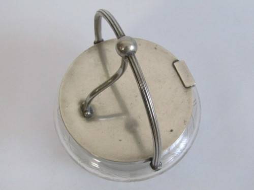 Antique Cut Glass Biscuit Barrel with silverplated Fittings. Easy open Tilt Lid (EPNS), 11cm diam.