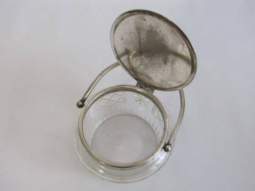 Antique Cut Glass Biscuit Barrel with silverplated Fittings. Easy open Tilt Lid (EPNS), 11cm diam.
