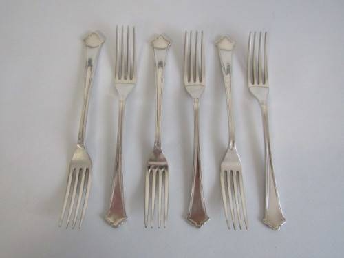 Vintage set of 6 original Chippendale Elkington & Co. silverplated Forks, England, 20cm long