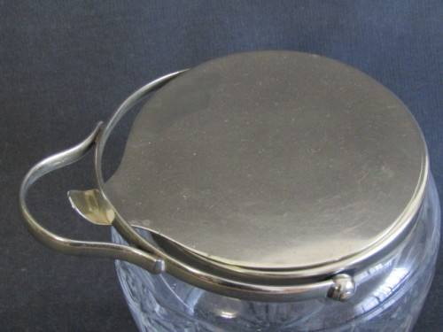 Vintage EPNS mounted Glass Biscuit Barrel with Tilt Lid, excellent condition, 14cm high x 14cm diam