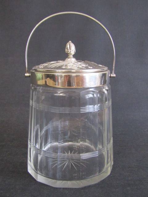 Vintage EPNS mounted Glass Biscuit Barrel with ornate Lid, excellent condition, 18cm x 12cm diam