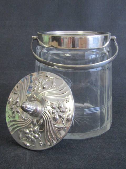 Vintage EPNS mounted Glass Biscuit Barrel with ornate Lid, excellent condition, 18cm x 12cm diam