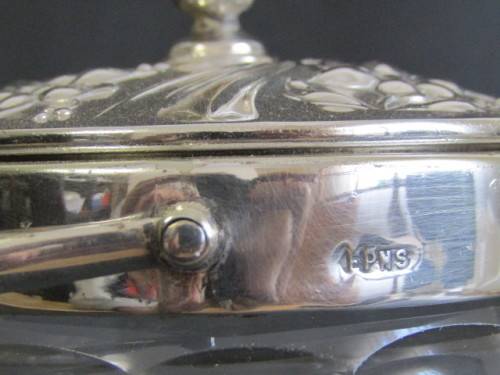 Vintage EPNS mounted Glass Biscuit Barrel with ornate Lid, excellent condition, 18cm x 12cm diam