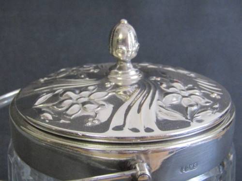 Vintage EPNS mounted Glass Biscuit Barrel with ornate Lid, excellent condition, 18cm x 12cm diam