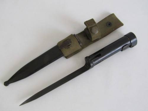 Original old SADF military R1 Rifle Bayonet in Scabard and with Frog, excellent condition