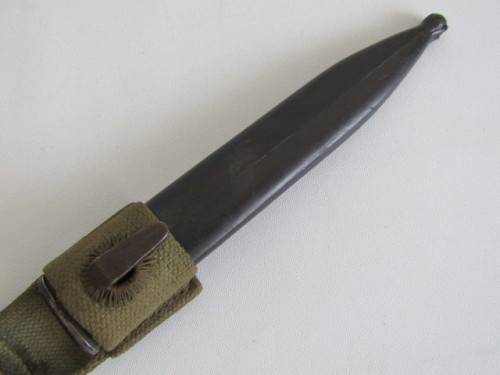 Original old SADF military R1 Rifle Bayonet in Scabard and with Frog, excellent condition
