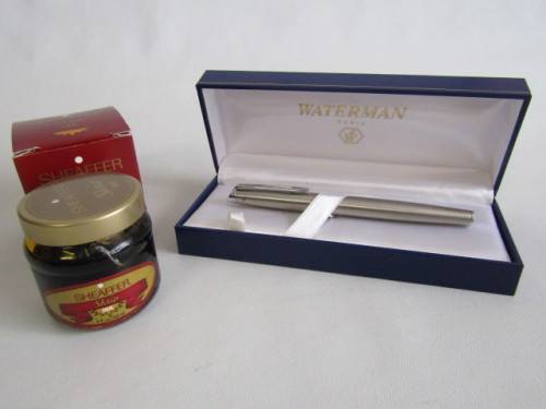 Original Waterman Fountain Pen in case "Sanlam" and a bottle of Sheaffer Ink, boxed, excellent cond.