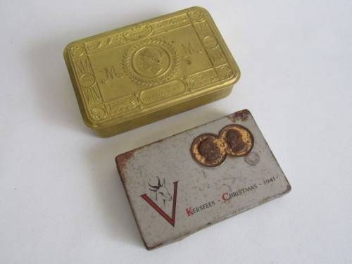 Lot of 2 original Tins; 1914 Christmas brass tin and 1941 Kersfees / Christmas Tin, bid for both