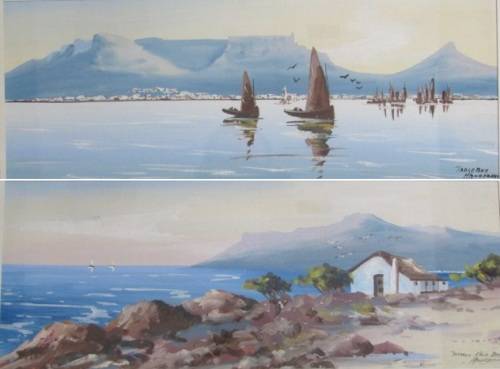 Pair original H Anderson Gouache on Paper Paintings, Table Bay and Kalk Bay, Framed (Value R700+)