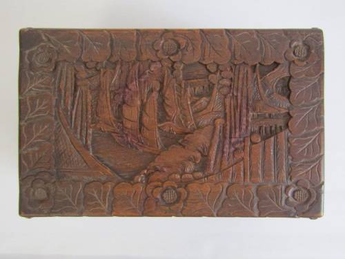 Large vintage elaborately carved Camphorwood Jewellery Box with hinged Lid, 35cm x 22cm x 21cm