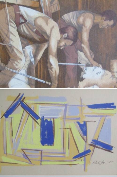 Lot of 2 original Paintings; Mark Dixon gouache on paper abstract and Sheapshearers watercolour