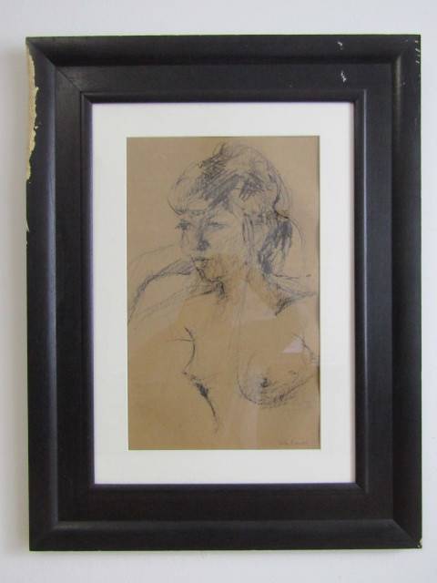 Original Susan Reyneke Painting with frame and glass, Nude, possibly charcoal on paper, 44x27cm