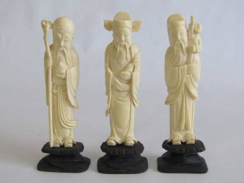 Set of 3 vintage / antique Chinese Carved Ivory Figurines of Immortals on wooden Bases, 12cm