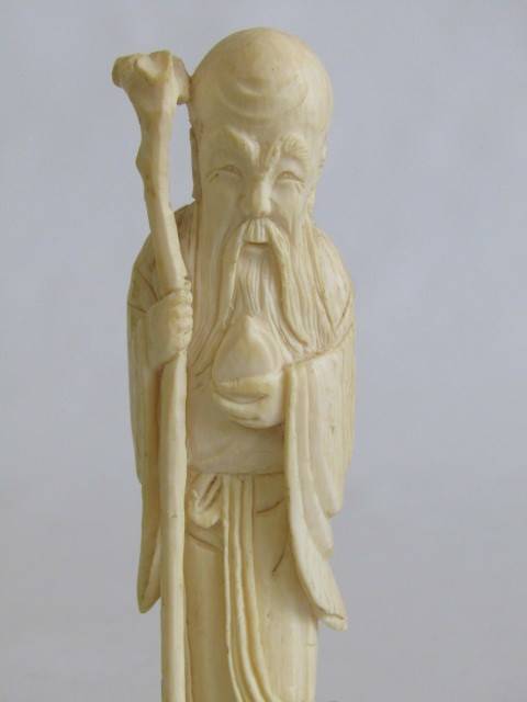 Set of 3 vintage / antique Chinese Carved Ivory Figurines of Immortals on wooden Bases, 12cm