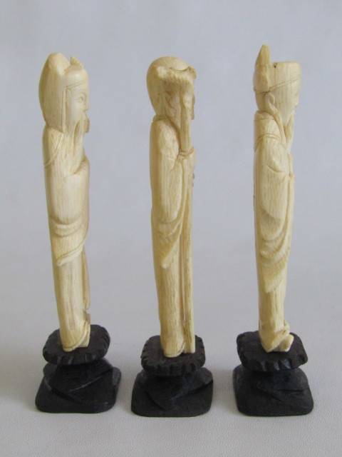 Set of 3 vintage / antique Chinese Carved Ivory Figurines of Immortals on wooden Bases, 12cm