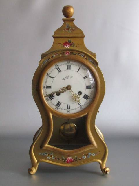 Large 1950's wooden Mantle Clock, painted and decorated in gold, porcelain Dial, working, 45cm tall