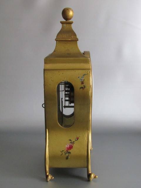 Large 1950's wooden Mantle Clock, painted and decorated in gold, porcelain Dial, working, 45cm tall