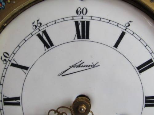 Large 1950's wooden Mantle Clock, painted and decorated in gold, porcelain Dial, working, 45cm tall