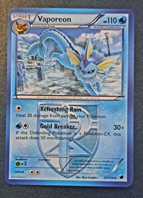 Pokemon Trading Cards - Vaporeon - 20/116 - Uncommon Black & White 9 - Plasma Freeze Singles - NM