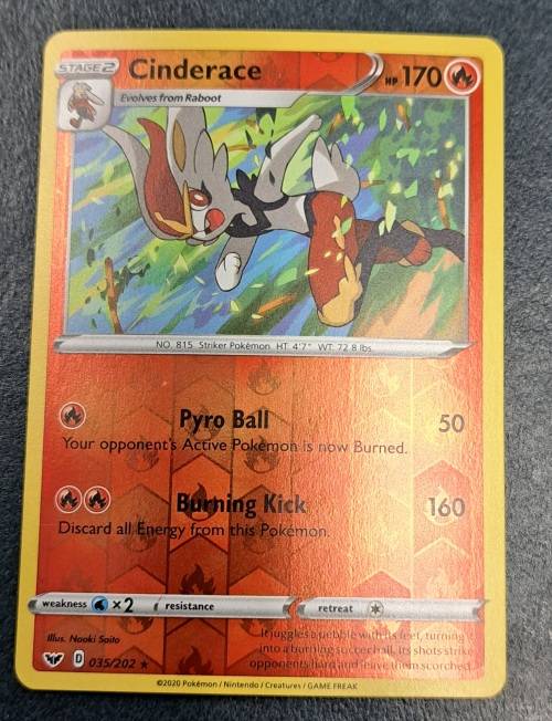 Pokemon Trading Cards - Cinderace - 035/202 - Rare Reverse Holo - Sword & Shield (Base Set) - NM