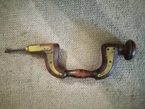 Antique wood & brass brace hand drill - Vintage Woodworker Tool