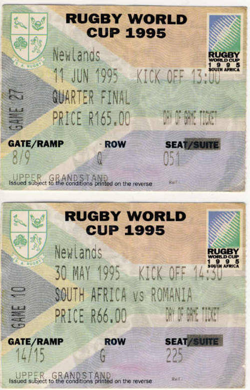 RUGBY MEMORABILIA: 2 x 1995 Rugby World Cup Tickets Newlands Cape Town 1995