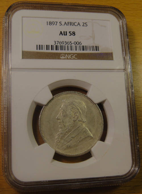 Z.A.R. Paul Kruger Two-Shilling (2/-) 1897 : NGC Graded AU58 (almost Uncirculated)