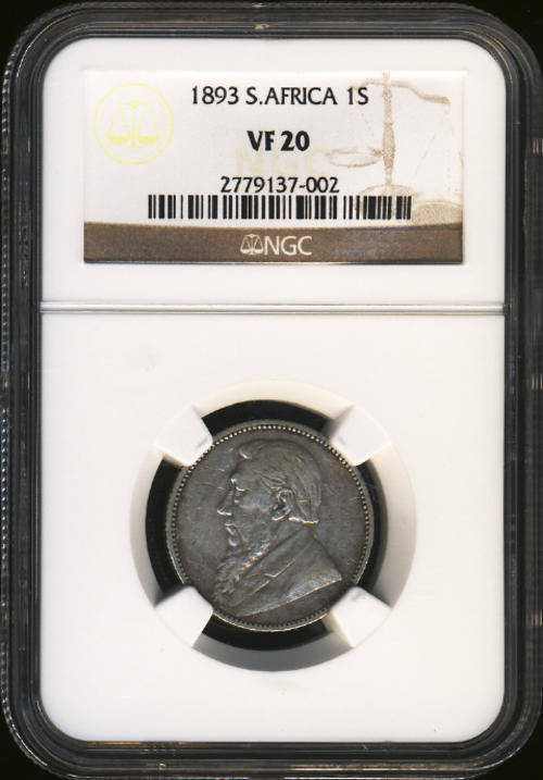 NGC GRADED and AUTHENTICATED: Paul Kruger Z.A.R. Shilling (1/-) : 1893 : Very Fine (VF20) NGC