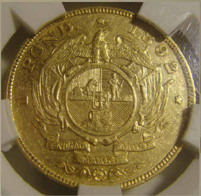 1892 ZAR Paul Kruger Gold Pond (DOUBLE SHAFT) : Sangs graded AU50