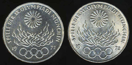 Germany : Munich OLYMPICS of 1972 : Two (2) SILVER 10-Mark coins