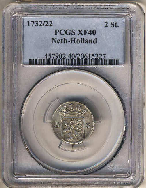 PCGS Graded XF40 : Netherlands : Holland: SILVER 2-Stuiver of 1732/22