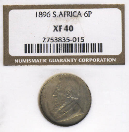 1896 Paul Kruger (Z.A.R.) Sixpence (6d) : NGC Graded XF40