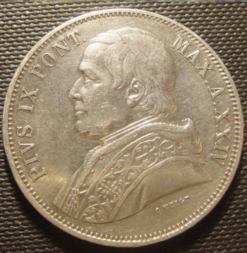 Papal States : Silver CROWN-size 5 Lire of 1870 R (Pope Pius IX)