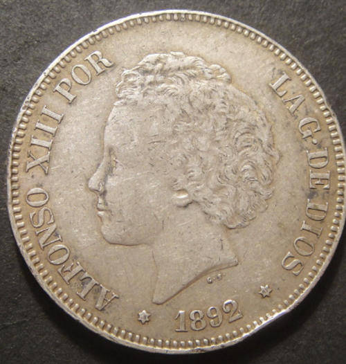 Spain : CROWN-size Silver 5-Pesetas (Alfonso XIII) 1892